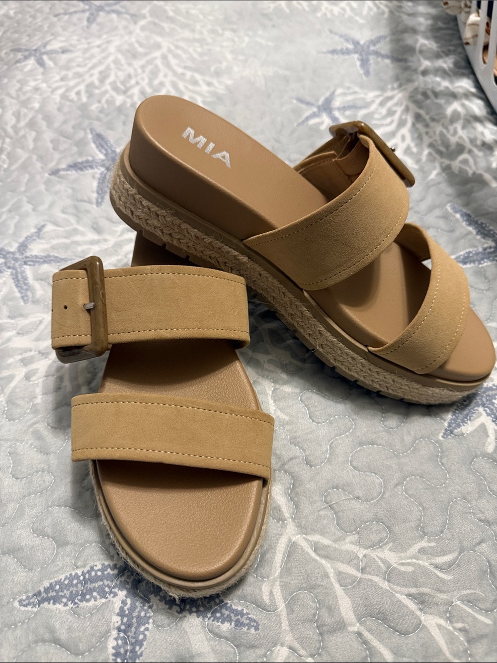 MIA Tan Double-Strap Platform Slide Sandals